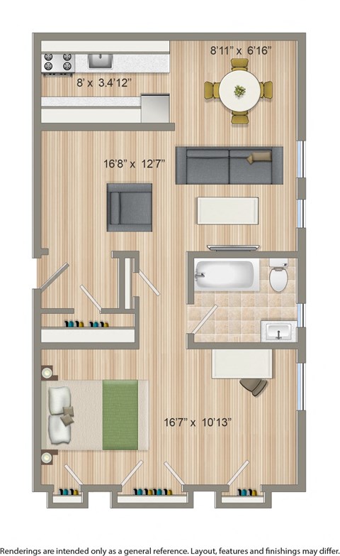 Floor plan for 1 bed, 1 bath, 697 sqft